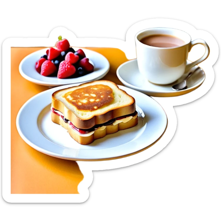 Un joli plateau sur lequel repose un délicieux petit déjeuner composé d’un croque-monsieur croustillant, d’un bol de yaourt aux fruits, d’une tasse de chocolat chaud garnie de guimauves et d’un joli vase contenant deux fleurs d’hibiscus sticker