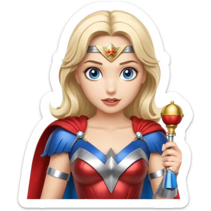 Blonde blue eyes Wonder Woman holding bell and short, thin, white baton sticker