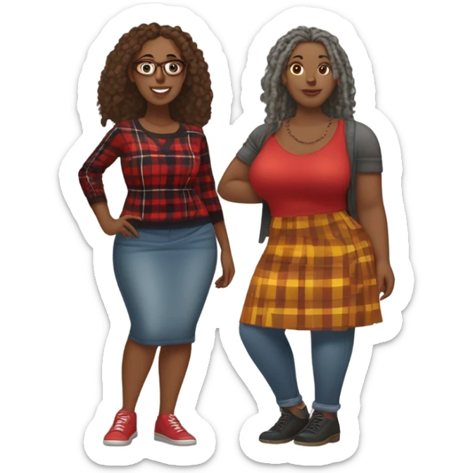 A Curvy woman gray locs wearing pants  other curvy woman is brown with red locs in a skirt with plaid sweater shopping sticker