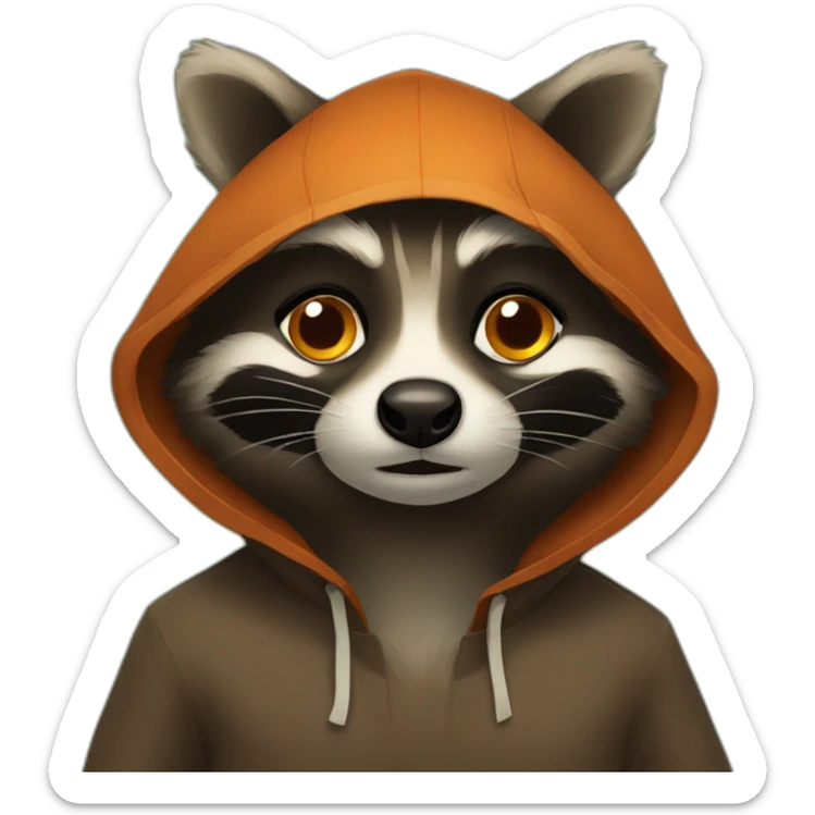 brown raccoon with orange eyes and a dark green hood that is sad sticker