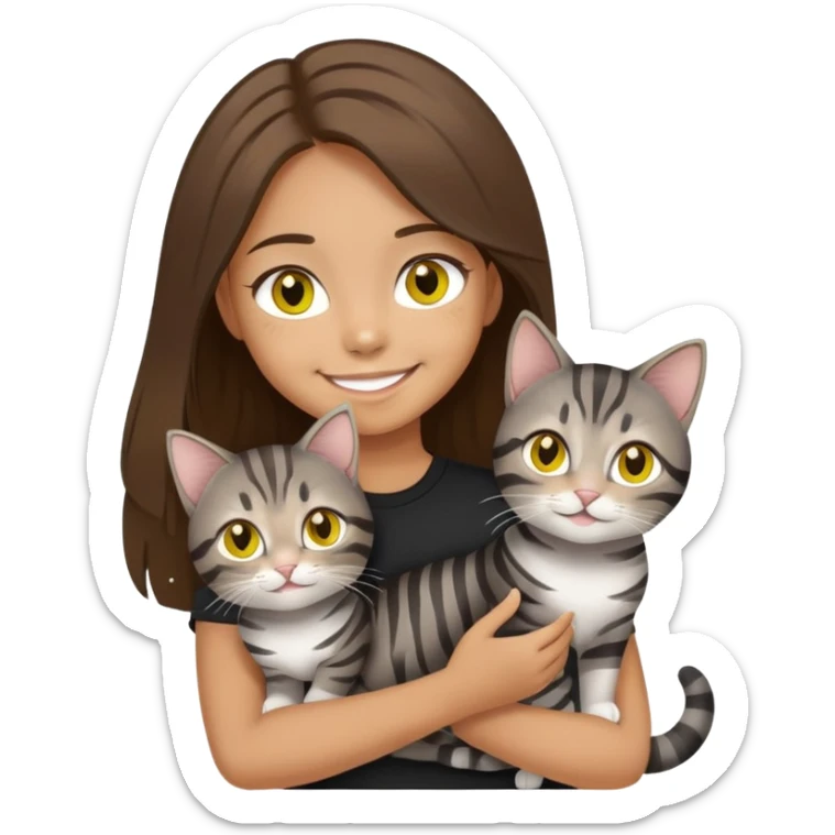 smiling girl in black shirt with the brown hair holding two grey striped silver tabby with bright yellow eyes sticker