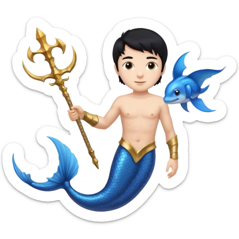 boy, black hair, brown eyes, white skin, Triton, with Triton in hand and blue Triton tail on the side. sticker