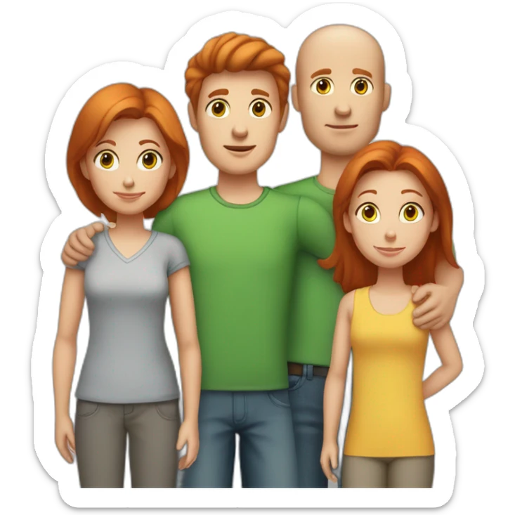 family - mom with red hair, green eyes, dad with brown hair and a small bald spot, gray eyes, a 12-year-old boy with brown hair and gray eyes sticker
