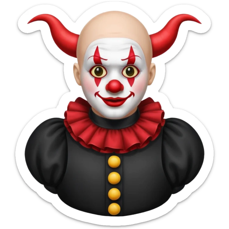 Crea un payaso con toda la cara blanca sin pelo con cuernos de color negro, que su cuerpo tenga un traje de payaso negro con rojo sticker