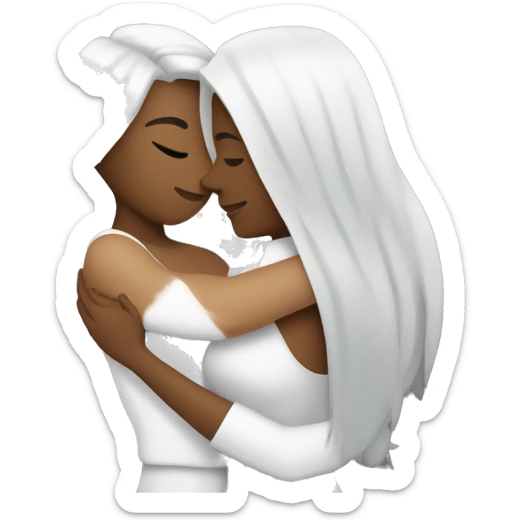A lesbian couple with white skin and long black hair hugging intimately sticker