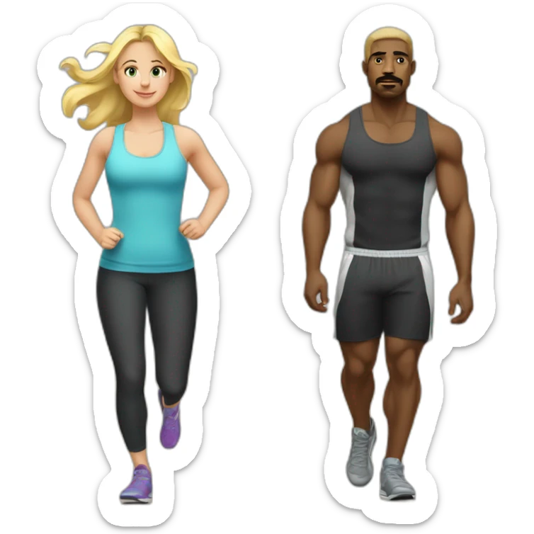 Blond girl going to the gym with a black guy with a moustache  sticker