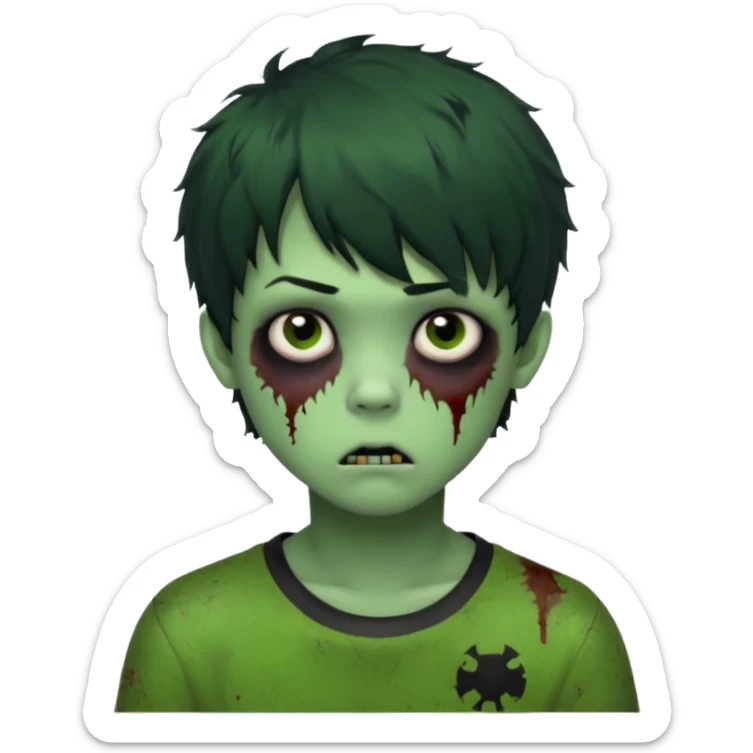 Boy, zombie, green skin, black, short and curly hair with bangs, round shaped hair, emo, ultra dark, bored expression with tired eyes  sticker
