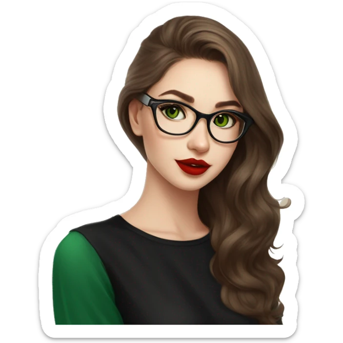 23 years old girl
long brown hair with volume styling
light skin
red lipstick
glasses with refined frame
green eyes with cat eye liner
black silk shirt with long sleeves sticker