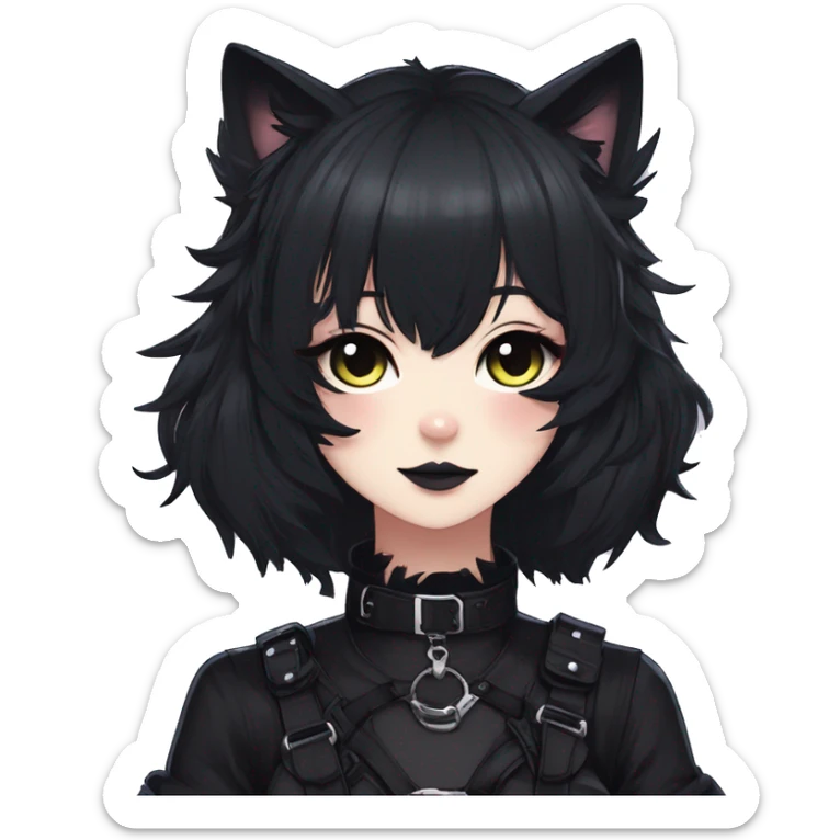 Gorgeous gothic dark techwear anime style anthro black cat furry with blushing face aesthetic and pretty edgy black with collar and harness trending style sticker