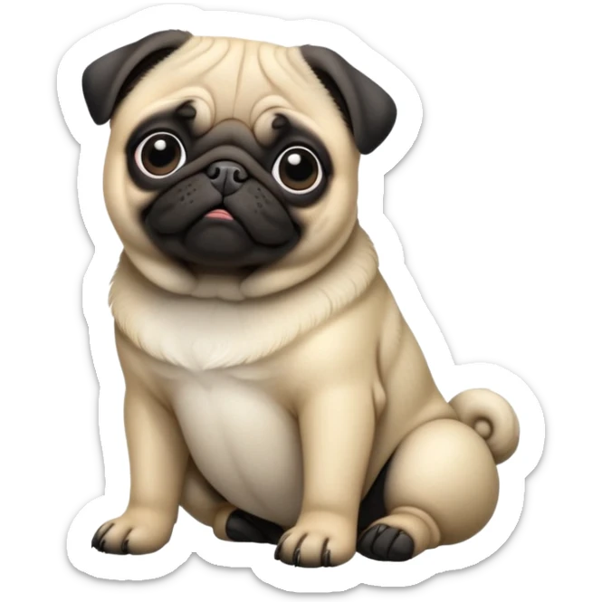 cinematic-[pug]-realistic-full-body-sitting-emoji,-tail-resting-loosely-beside-its-paws,-head-tilted-dramatically, -sleek-[black]-fur,-simplified-yet-realistic-focused-features,-highly-detailed,-glowing-with-an-almost-sarcastic-glow sticker