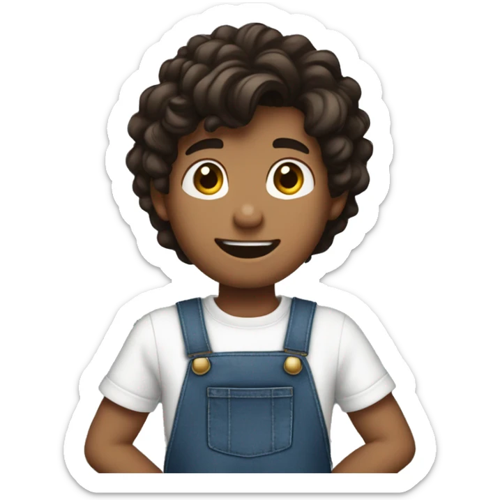 boy pointing to the sky, dark brown wavy hair, wearing blue jeans overalls and white shirt. half body. from behind sticker