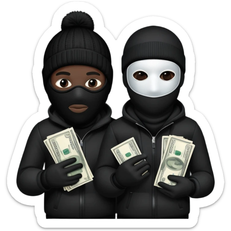 Two men one with white skin color and the other black skin color and both wearing black Ski masks holding money bag sticker