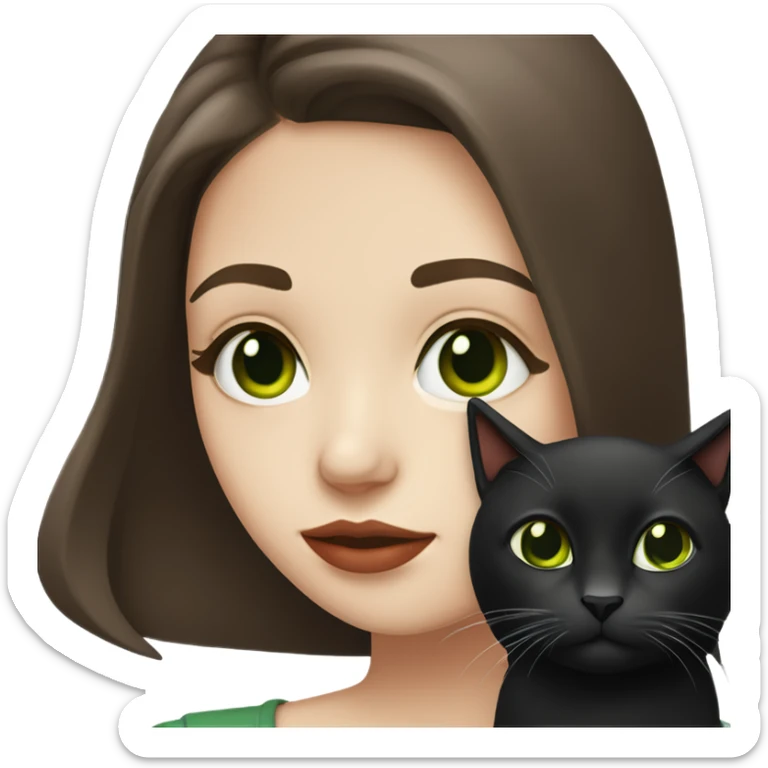 A teenage girl with white skin, she have some green hazel eyes, red lipstick, mid long straight dark brown hair, she have an eyeliner and she is holding a black cat in her arms, view from close sticker