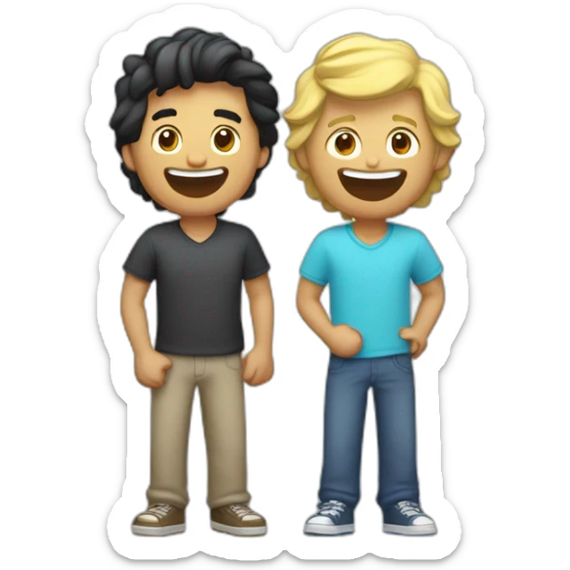 Gay couple, 1 guy Latino black straight hair and 1 Australian white guy with blonde slightly curly hair laughing full body playing UNO sticker