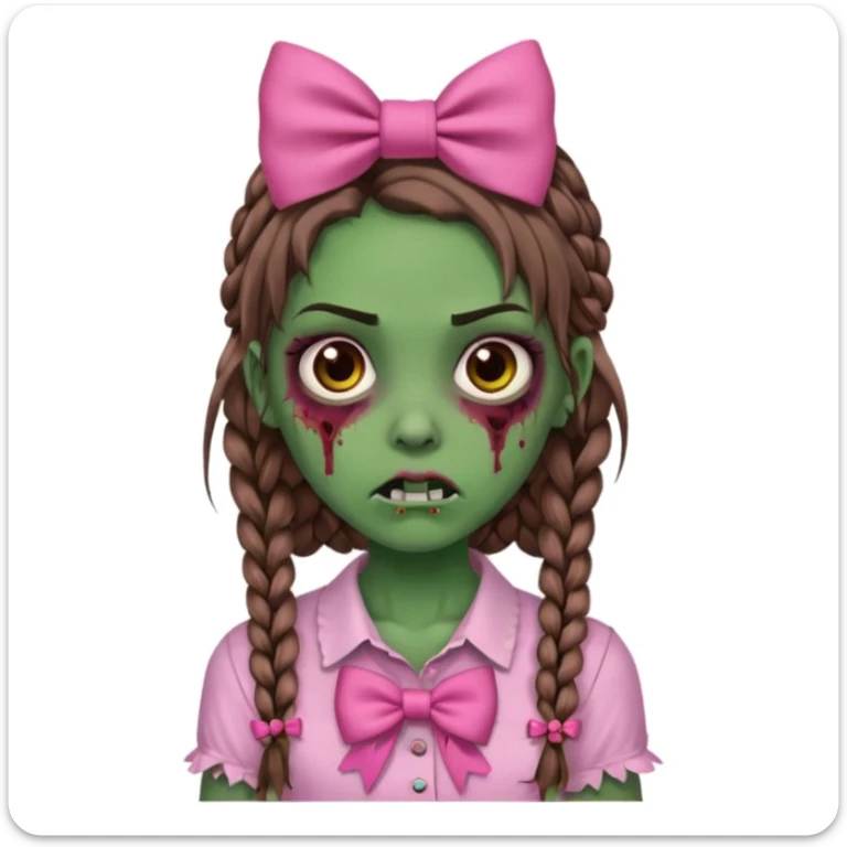 Garota zumbi com pele verde, tranças castanhas no cabelo, olhos castanhos, laço rosa na cabeça e camisa rosa sticker