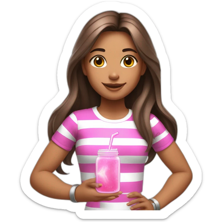 fitness girl with straight long brown hair, wearing silver bracelets and a full white stripes tops and holding a pink magic potion sticker