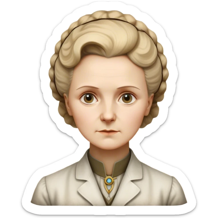 Cinematic Realistic Marie Curie Portrait Emoji, depicted as a pioneering scientist with a determined gaze in period attire, rendered with detailed textures and soft intellectual lighting that captures her groundbreaking legacy. sticker