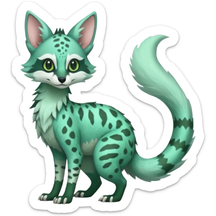 Feral Rare Fantasy minty-cyan pastel-seafoam-green Hunter-forest-green  Vernid-Sergal-Genet-Trico-species by LiLaiRa, random markings, tufted tail, tufted ears, full body sticker