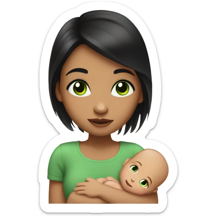 Girl with black hair and green eyes holding baby  sticker