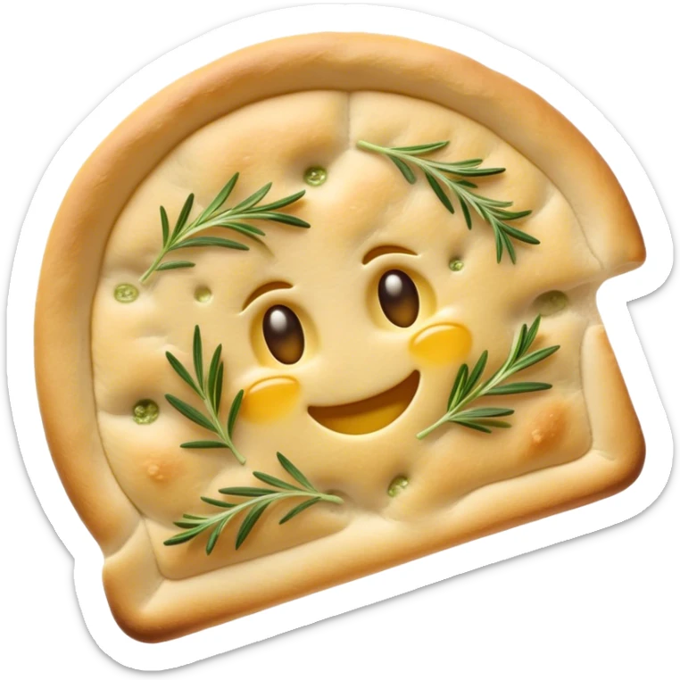 Cinematic Realistic Focaccia Bread Dish Emoji, depicted as a golden, olive oil brushed flatbread sprinkled with herbs rendered with lifelike texture and soft, appetizing lighting. sticker