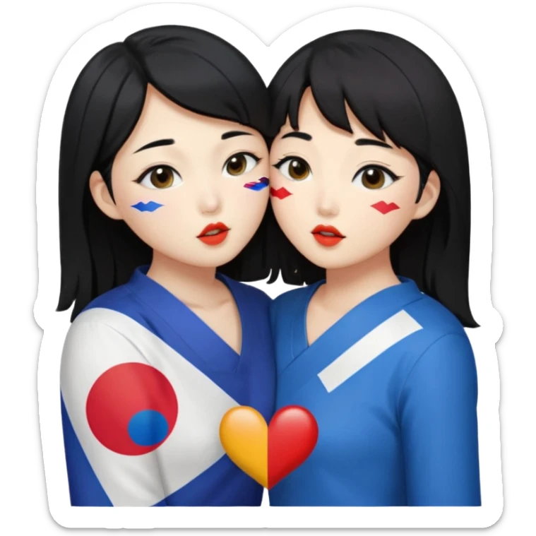 Korean lesbians, kisses and Let them both have black hair, kiss each other, have a lesbian flag on their cheeks, be sweet, dress openly, have open waists  sticker