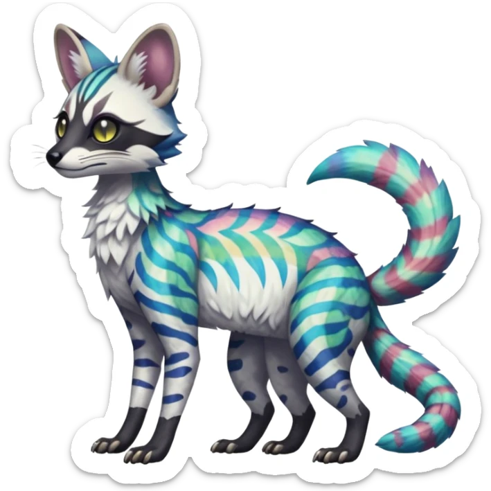 Rare iridescent white exotic epic aesthetic colorful Trico-Genet-species-Fakemon-hybrid-creature, with intricate tattoo markings, full body sticker