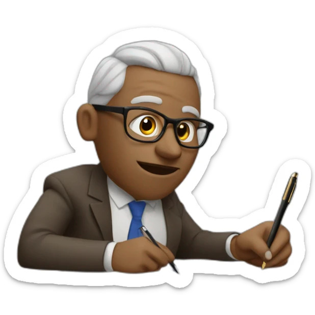 wise life coach with hair and glasses sitting with pen and paper sticker