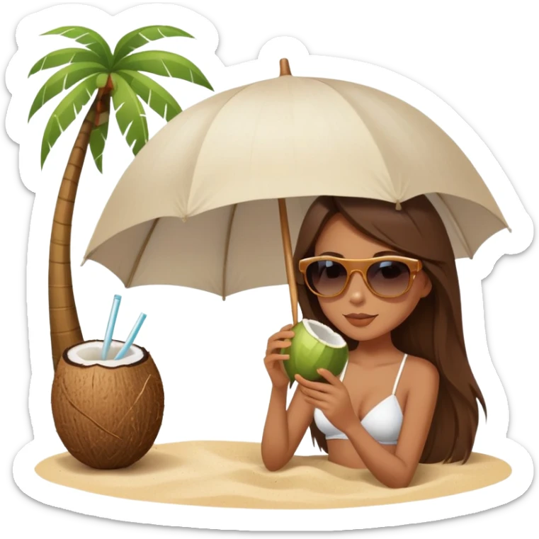 Girl with long brown hair wearing sunglasses and sipping from a coconut elegant sand and white aesthetic umbrella  sticker