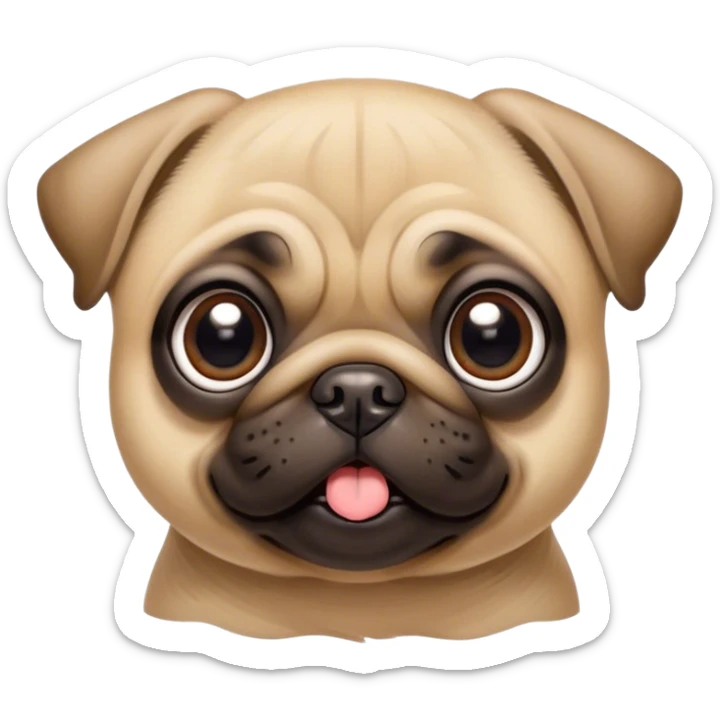 Cinematic Cute Fawn Pug Portrait Emoji, Head tilted playfully and inquisitively, featuring a smooth fawn coat with a subtle sheen, round, sparkling dark eyes filled with curiosity, Simplified yet irresistibly adorable features, highly detailed, glowing with a warm, friendly glow, high shine, affectionate and lively, stylized with a touch of whimsy, bright and endearing, soft glowing outline, capturing the essence of a mischievous yet loving pup, so playful it feels like it could bounce out of the screen and into your arms! sticker