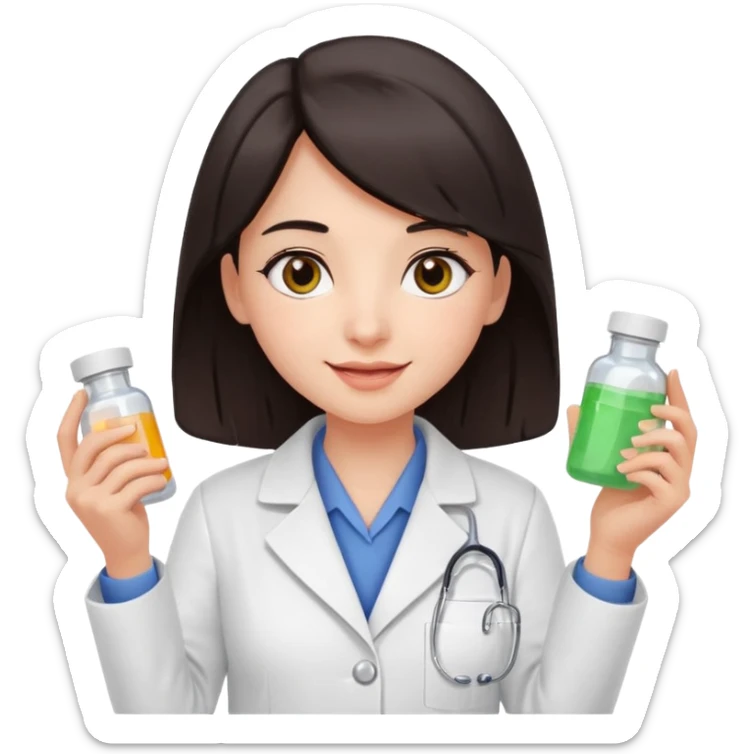 pharmacist girl with dark hair and dark eyes, white coat, holding medicine, cheerful sunny expression sticker