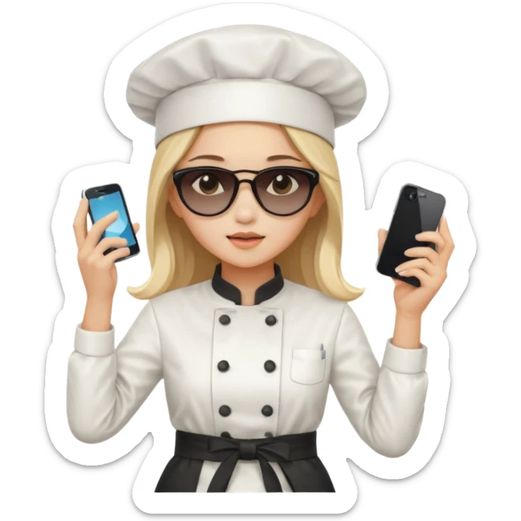 ["A sad woman with light skin, straight hair, wearing a chef hat and sunglasses, dressed in K-pop fashion, is dancing while holding a phone."] sticker