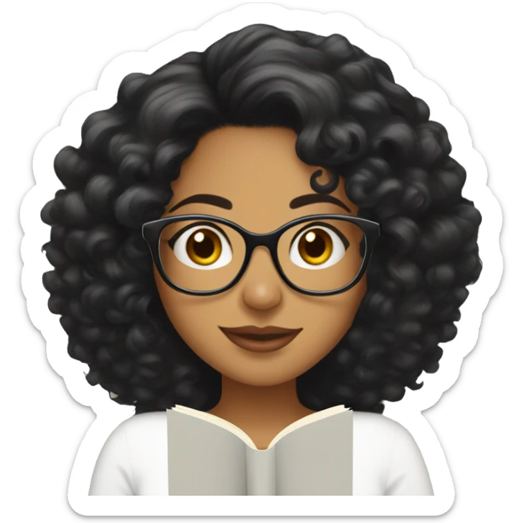 Latina woman with curly black hair wearing clear framed glasses reading a book  sticker