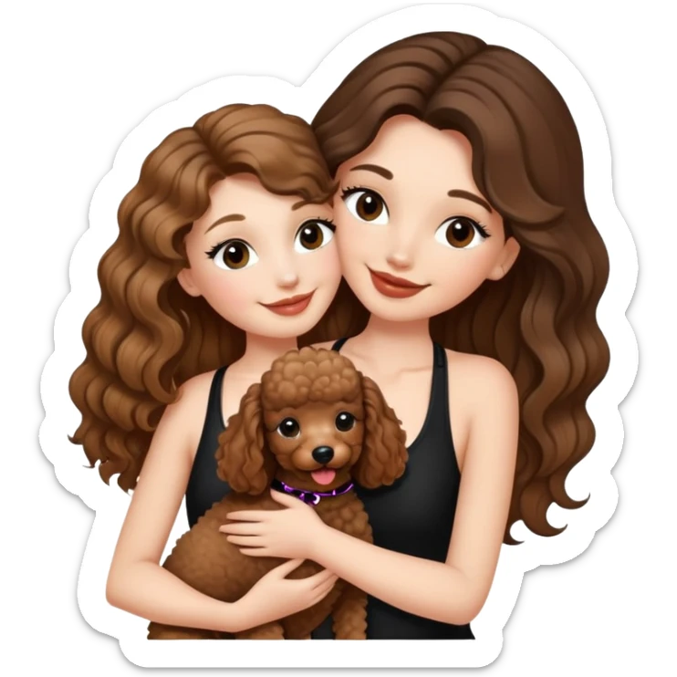 girl with long balayage hair and long lashes, smiling, wearing black halterneck top, and holding and kissing a brown poodle sticker