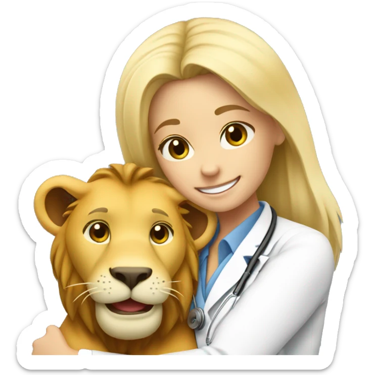blonde hair smiling veterinarian girl having cuddles with lion sticker