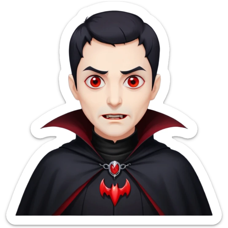 Nam 50 tuổi, mắt đỏ, da trắng, tóc ngắn màu đen, có răng nanh, mặt hơi đáng sợ như ma cà rồng, áo măng tô cổ cao màu đen, nửa thân trên sticker