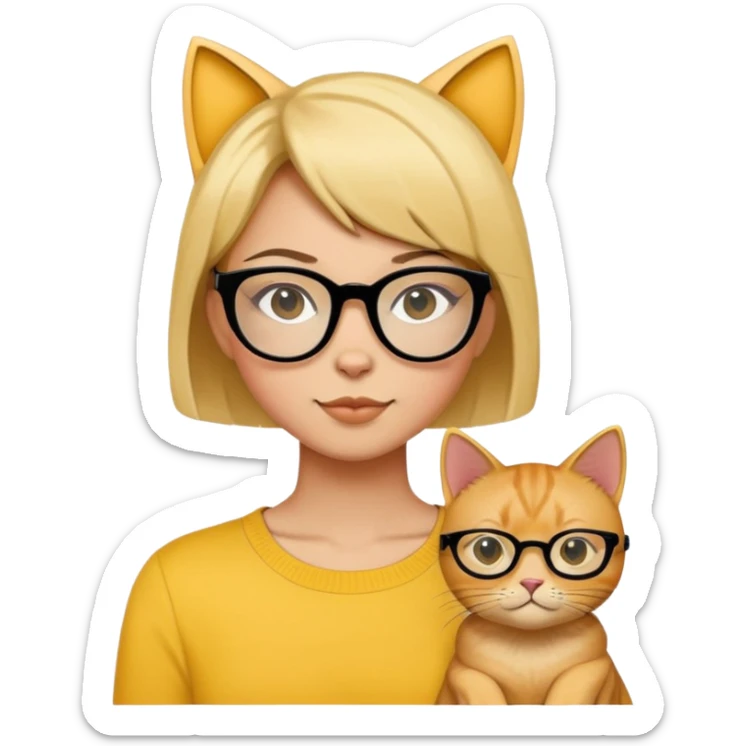 Short hair girl wearing black glasses yellow cat wearing black glasses sticker