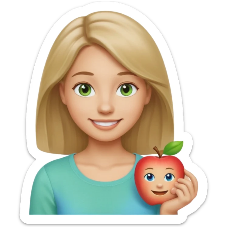 A woman with light skin, longer shoulder-length dark blonde hair, blue eyes, smiling face, wearing a casual pastel green top. The emoji should be in Apple-style, minimalistic, colorful, and round-faced. Show only the face or bust (not full body). sticker