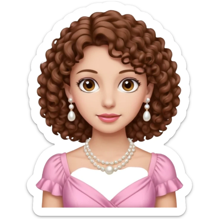 A woman with a brown curly hair and beautiful brown eyes and white skin and pink dress with pearl jewelry sticker