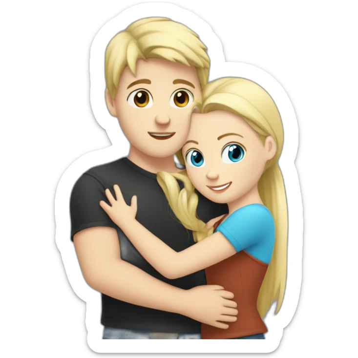 blond white girl with blue eyes hug white boy with black hair with pony-tail sticker
