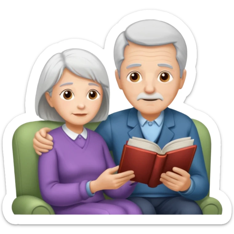 An elderly man combing the hair of an elderly woman sitting on a sofa reading a book sticker