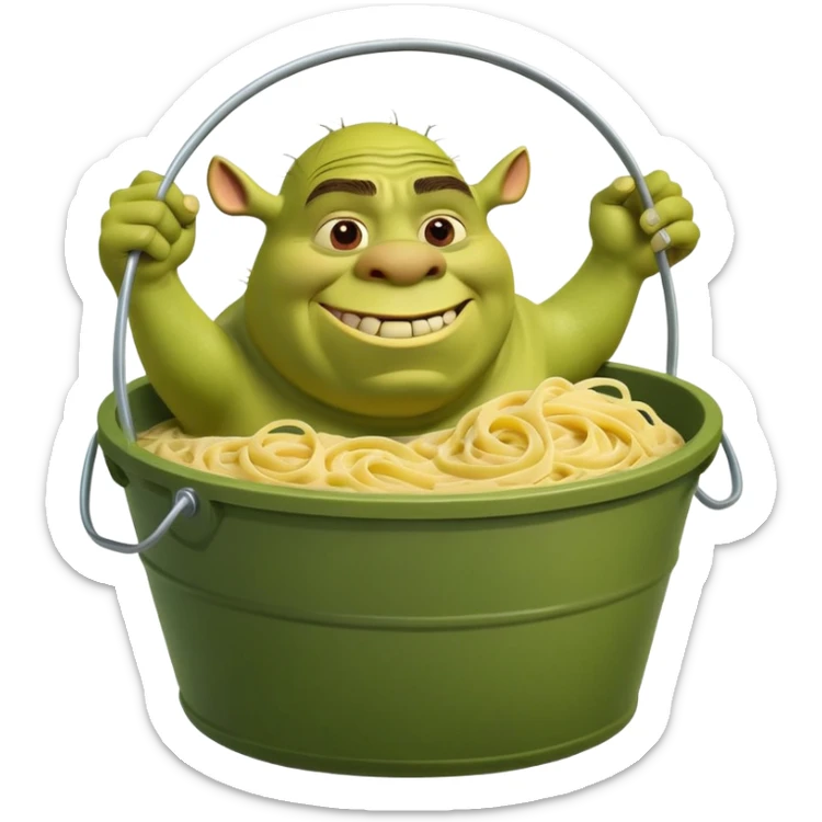 Shrek the green ogre holding a huge oversized bucket overflowing with carbonara pasta sticker