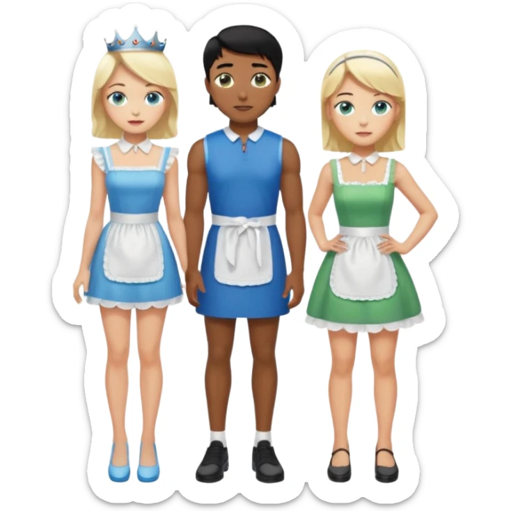 King, black hair, body, legst, blue eyes, shoes, maid blonde hair, green eyes, sexy short sleveless White dress, shoes sticker