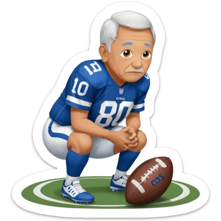 A grandpa playing football wearing an Indianapolis Colts jersey is. Show him kind of crouch down to the ground, holding the football and the name rivers on the back of his jersey. sticker