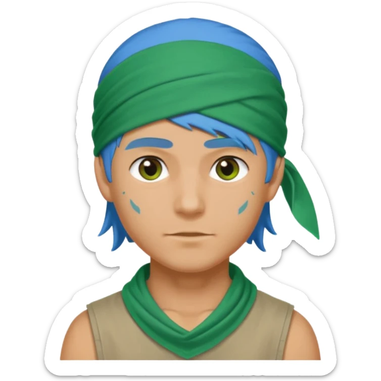 a man with half long blue hair, half short green hair and wearing head bandana sticker