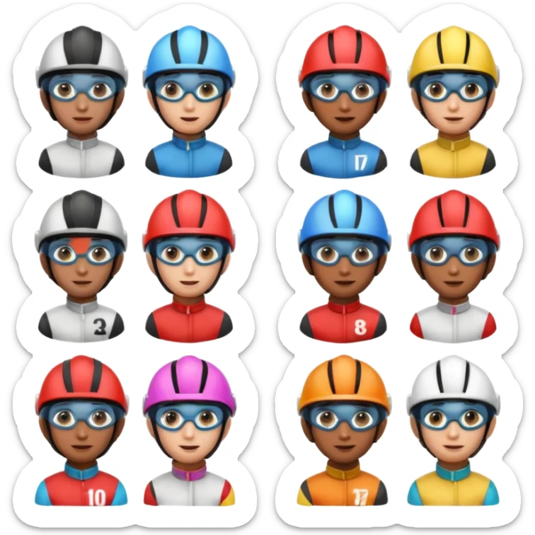 diverse horse race jockey portraits, head and shoulders only, different skin tones, different helmet colors, racing goggles, 3D cartoon, mobile game icon style, clean background, no text, no watermark
 sticker