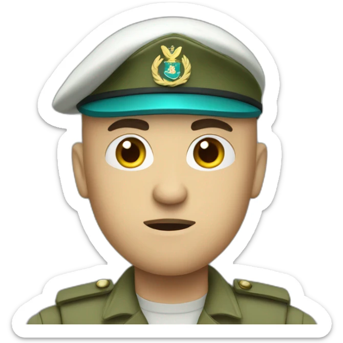 Bald white angry furious serious military man with teal beret and khaki idf uniform sticker