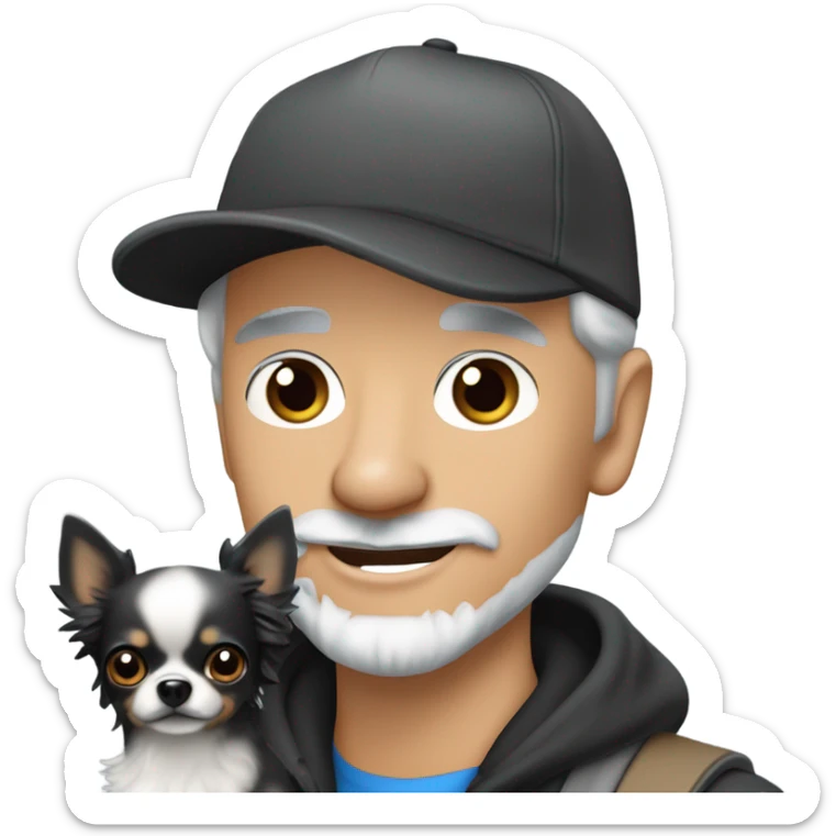 blue eyed gray haired gray goatee man in ball cap holding a black longhaired chihuahua  sticker
