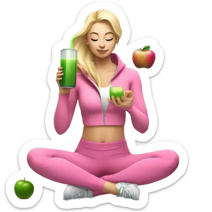 blonde girl in pink yoga pants and zip up workout jacket sitting in a yoga pose and having a green juice in her right hand and an iphone in the other  sticker