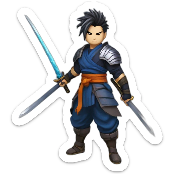 yasuo from league of legend in the dragon ball z style with color with a tired hair and a katana sticker