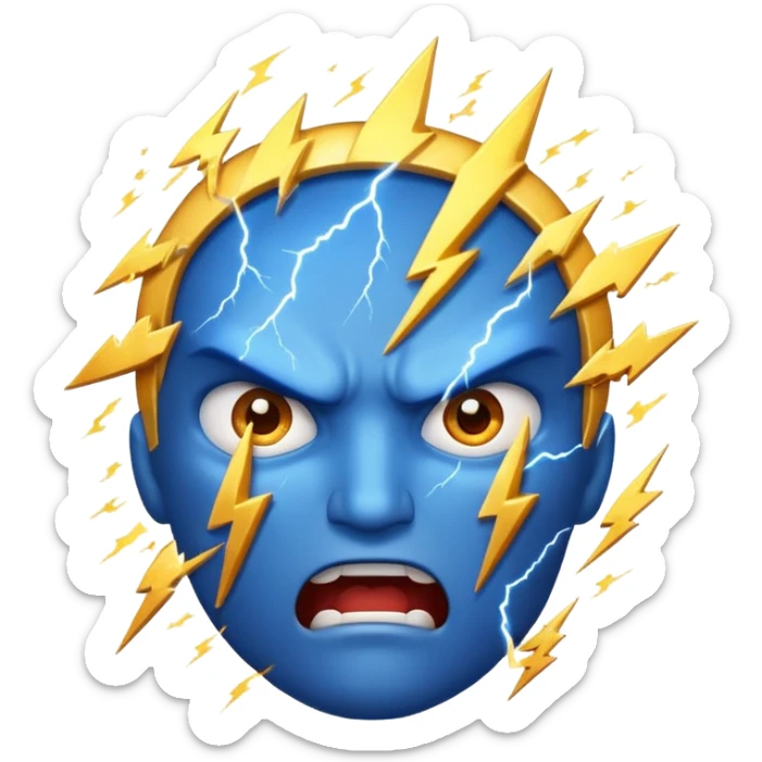 Rayos, centellas y estrellas en una cara color azul con expresiones de furia sticker
